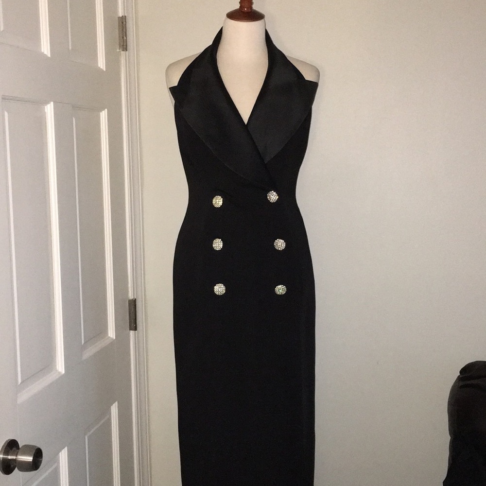 Lovely elegant black halter tuxedo dress